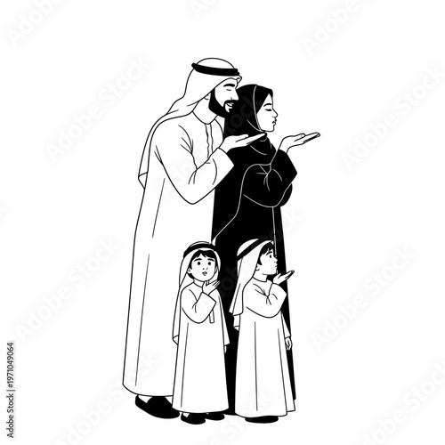 Arab family in traditional clothing standing.