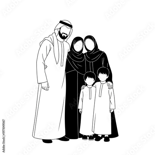 Arab family in traditional clothing standing.