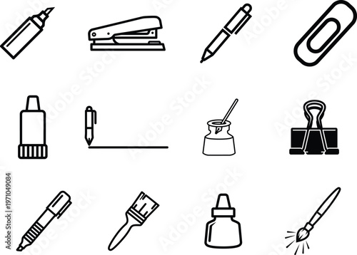line icons of office and art supplies on white background