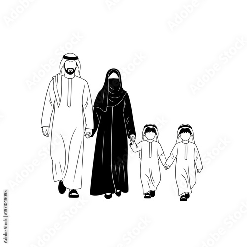 Arab family in traditional clothing walking.