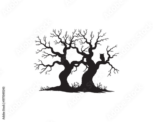 Silhouette of two gnarled, bare trees with an owl perched on a branch against a white background
