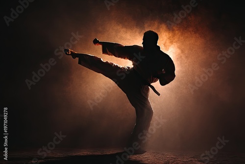 A silhouetted martial artist kicks toward the viewer in a plume of glowing fog