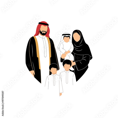 Arabian family in traditional attire standing.