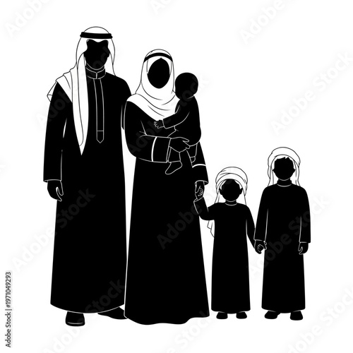 Arabian family in traditional attire standing.