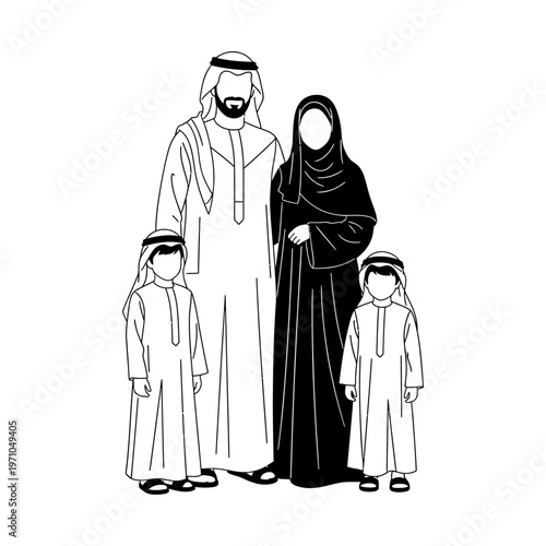 Arabian family in traditional clothing standing.