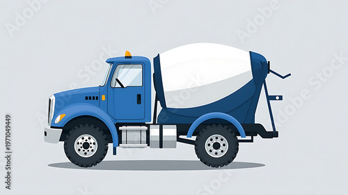 A cute blue and white cement mixer truck sits on a light gray background with a simple design
