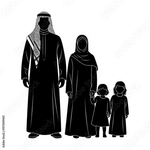 Arabian family in traditional clothing standing.