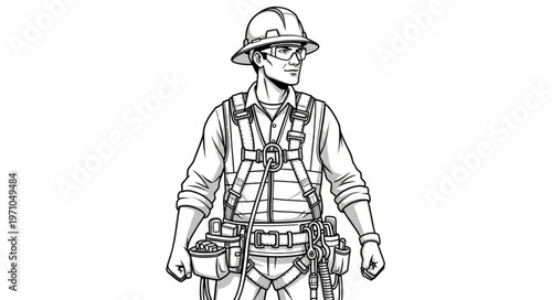 Construction worker wearing safety harness and hard hat ready for work.