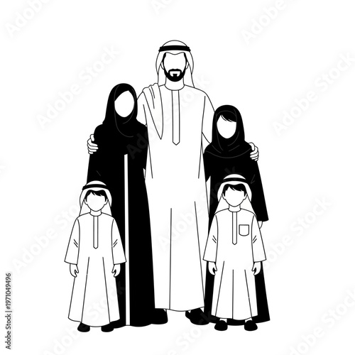 Arabian family in traditional clothing standing.