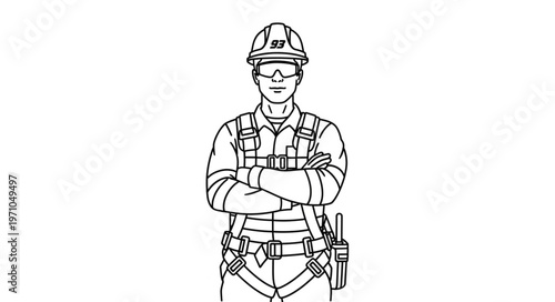 Construction worker wearing safety harness and hard hat standing with arms crossed.