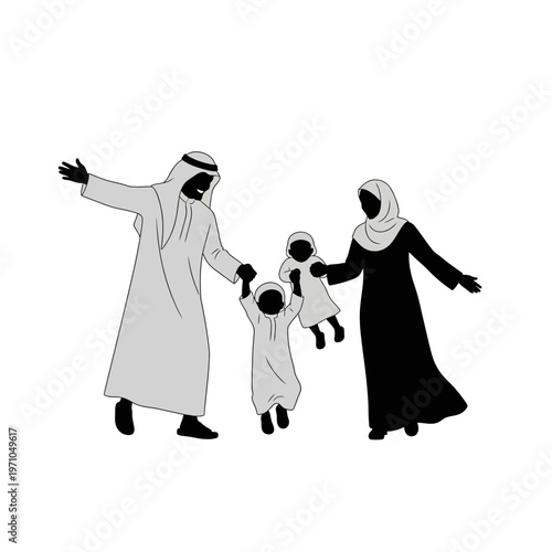 Arabian family in traditional clothing walking.