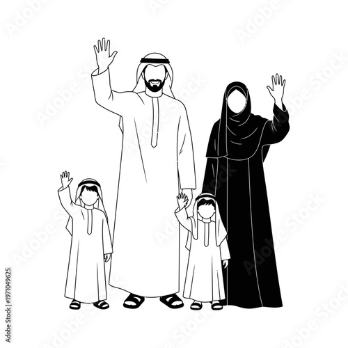 Arabian family in traditional clothing waving.