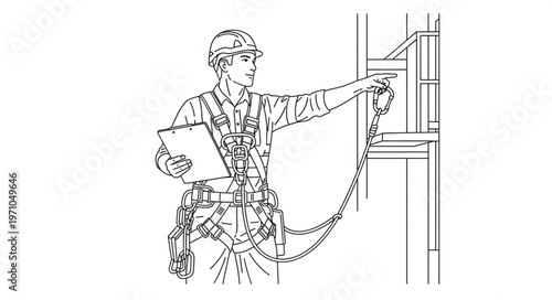 Construction worker wearing safety harness and pointing at scaffolding.