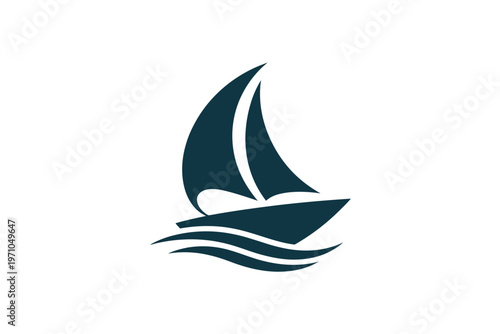 A stylized sailboat logo with a dark blue color scheme