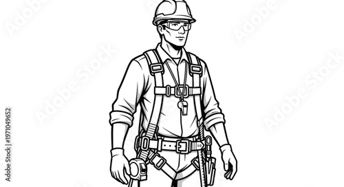 Construction worker wearing safety harness and protective gear.