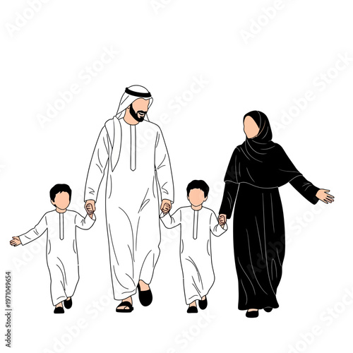 Arabian family walking together outside.