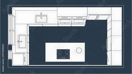 Smart Kitchen Layout CAD Floor Plan Automated Appliances Minimalist Blueprint Style