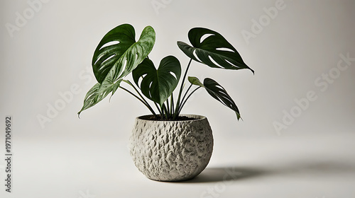 A lush green potted plant with large leaves sits in a textured round pot isolated on beige background
