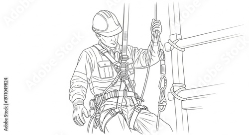 Construction worker wearing safety harness on scaffolding.