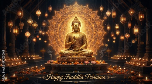 Buddha Purnima sacred celebration golden Buddha meditation statue with glowing mandala lamps and incense symbol of peace wisdom enlightenment Mahavir jayanti theme 