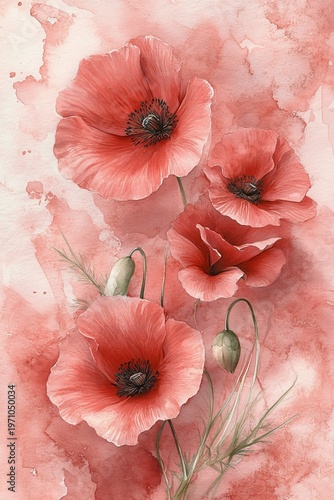 Tranquil Poppy Blossoms Abloom in Watercolor Art, Soft Peach Pastels, Graceful Wildflower Beauty