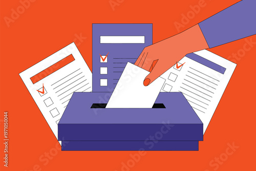 A hand places a ballot into a voting box surrounded by election forms, symbolizing the democratic process of casting a vote.