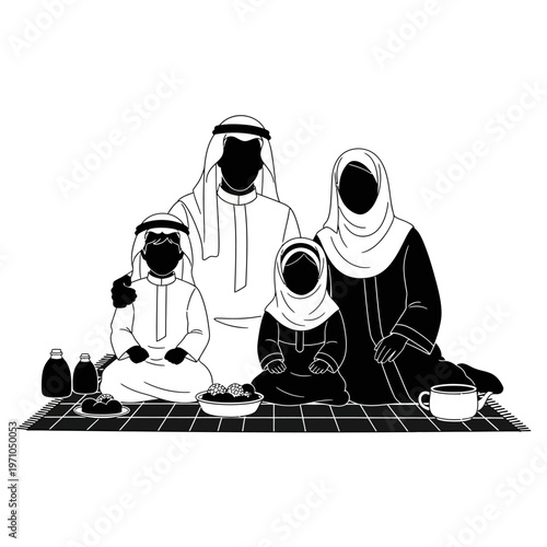 Arabic family sitting on mat.