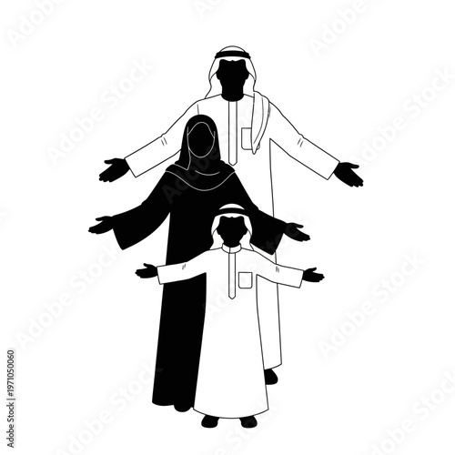 Family in traditional Arabic clothing standing.