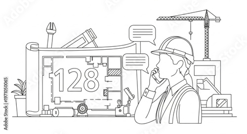 Construction worker with blueprints and crane on site.