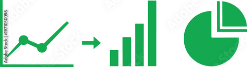 Green line graph arrow bar chart and pie chart on white background