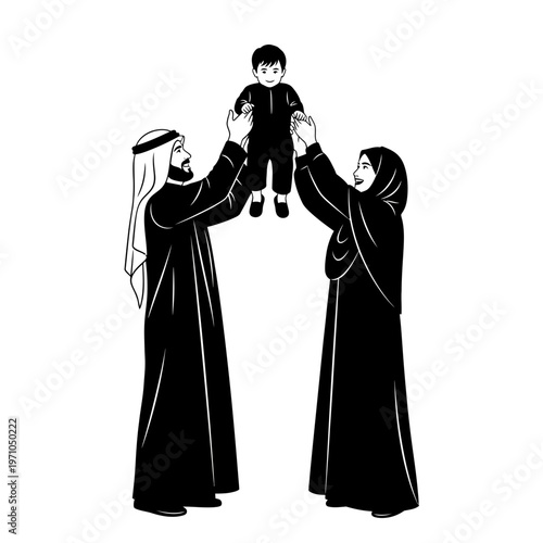 Happy family with little boy playing.