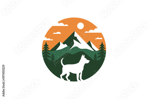 A serene mountain landscape with a dog at sunset