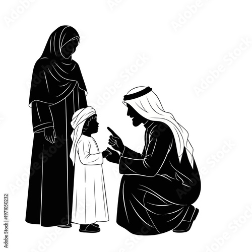 Man and child in traditional Arabic clothing.