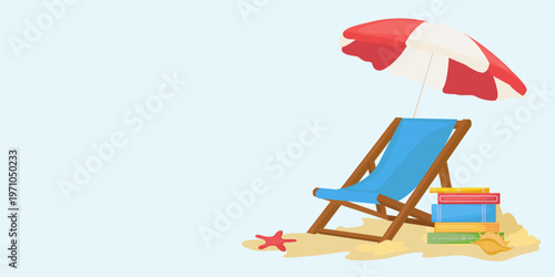 Summer Beach Banner with Chair Umbrella Books and Seashell Starfish