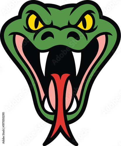 A cartoon illustration of a green snake with an open mouth