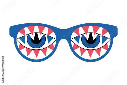 A pair of colorful glasses with a unique eye design