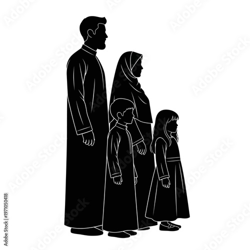 Muslim family standing in line.