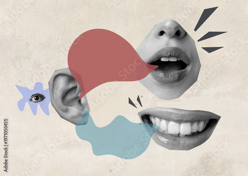 Unique collage illustrating communication through facial expressions and body language