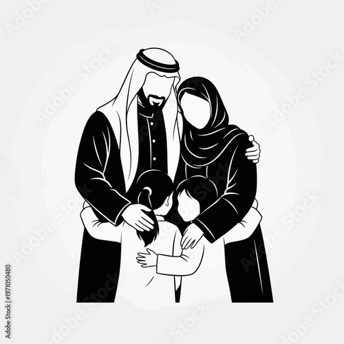 Muslim family with child together.