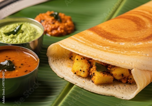 Masala dosa, a popular south indian breakfast dish served with coconut chutney, tomato chutney and sambar