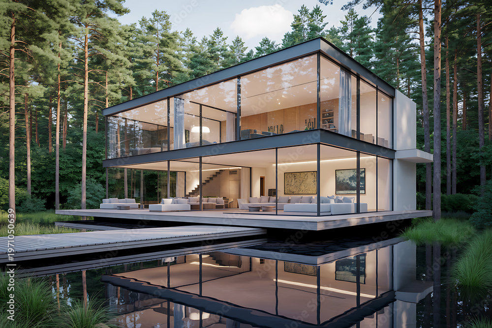 Fototapeta premium modern house with large windows on water surrounded by trees