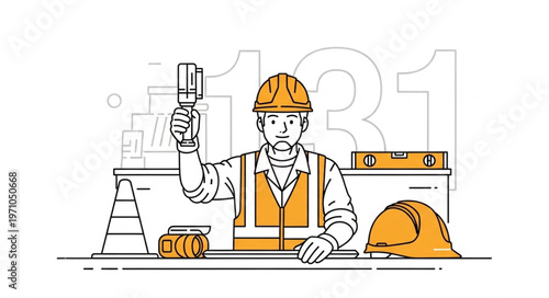 Construction worker with tools and blueprints.