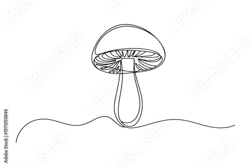 Black and white line of a single mushroom over wavy ground line minimalist fungus nature