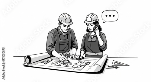 Construction workers collaborating on blueprints and discussing plans over a phone call.
