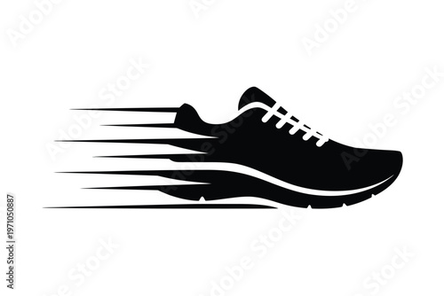 A black and white illustration of a running shoe in motion