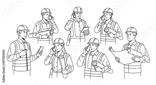 Construction Workers Communicating with Radios and Blueprints.