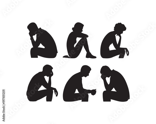 Six Black Silhouettes of People in Pensive Seated Poses on White Background