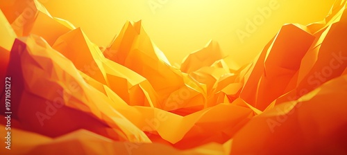 Geometric Abstract Background with Crumpled Paper Texture and Vibrant Golden Faceted Light Details