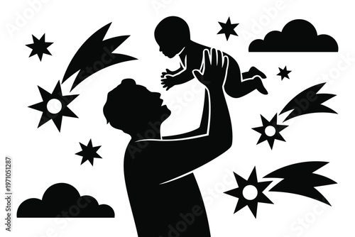 A silhouette of a man holding a baby in the air surrounded by stars and clouds