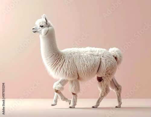 Elegant White Llama Posing Gracefully Against Pink Backdrop.